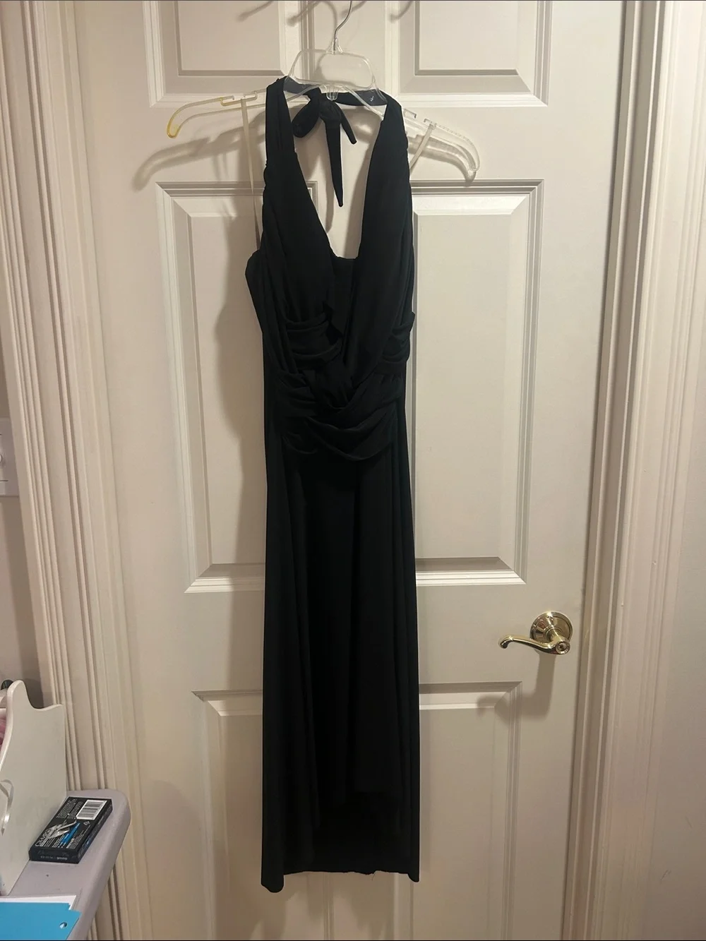 b darlin long black dress B. Darlin Satin Cowl Neck Shirred Lace-Up Back Long Dress